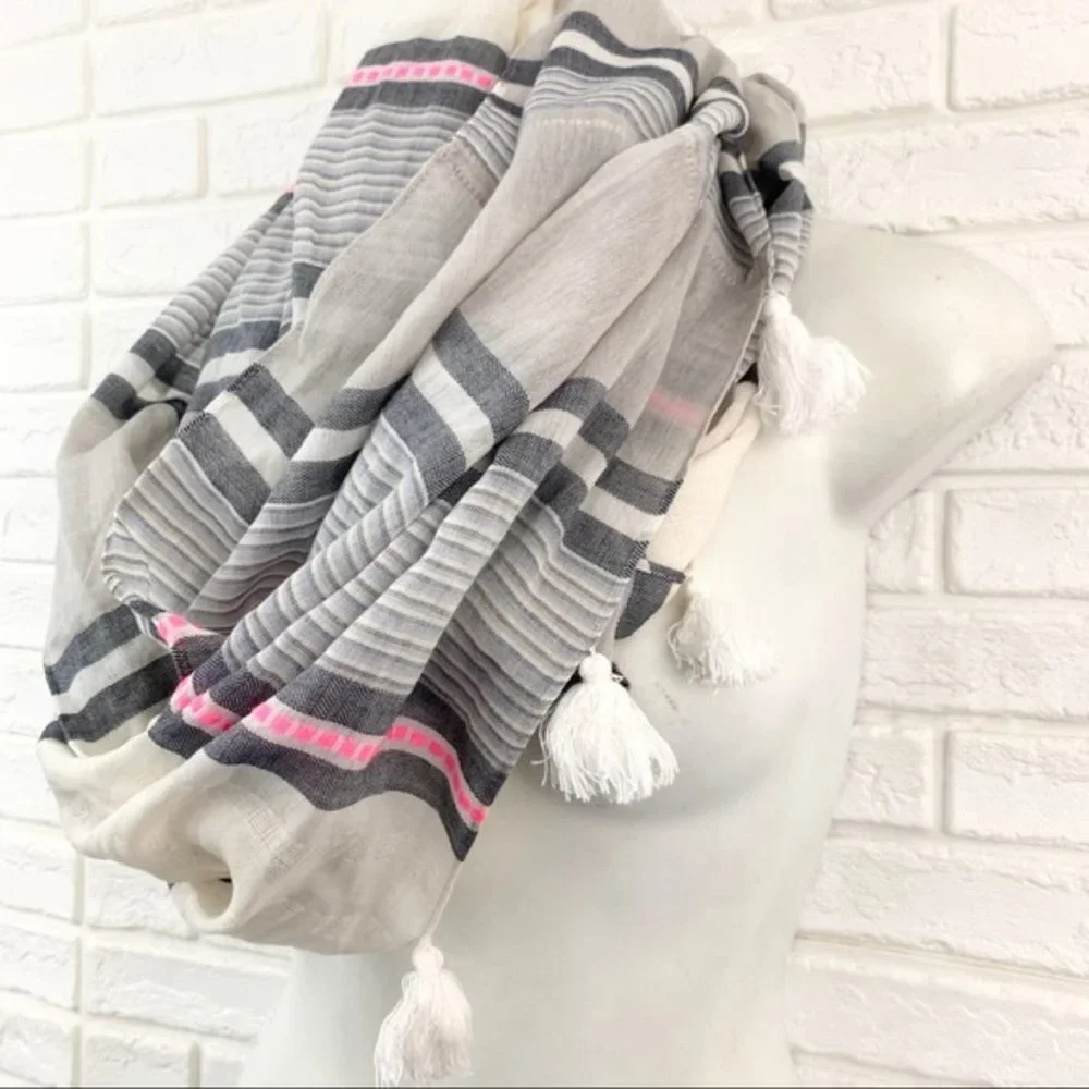Boho Circle Infinity Scarf with Tassels Light Stripe Pastels